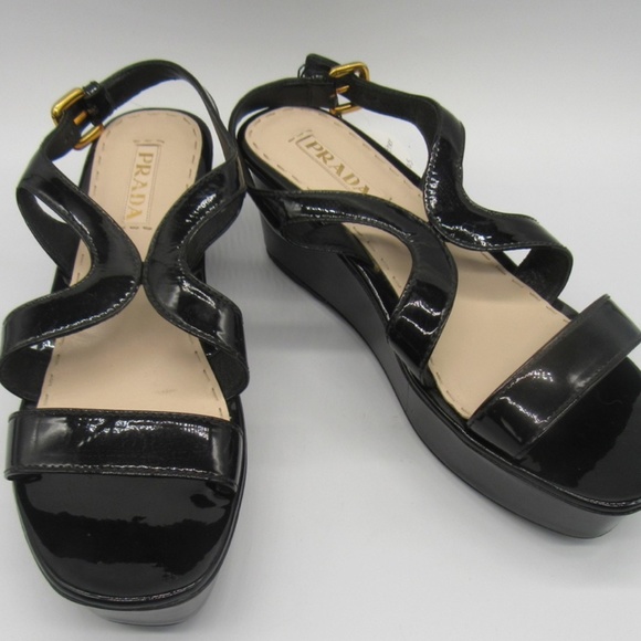 PRADA black patent leather slingback wedges - Picture 1 of 8